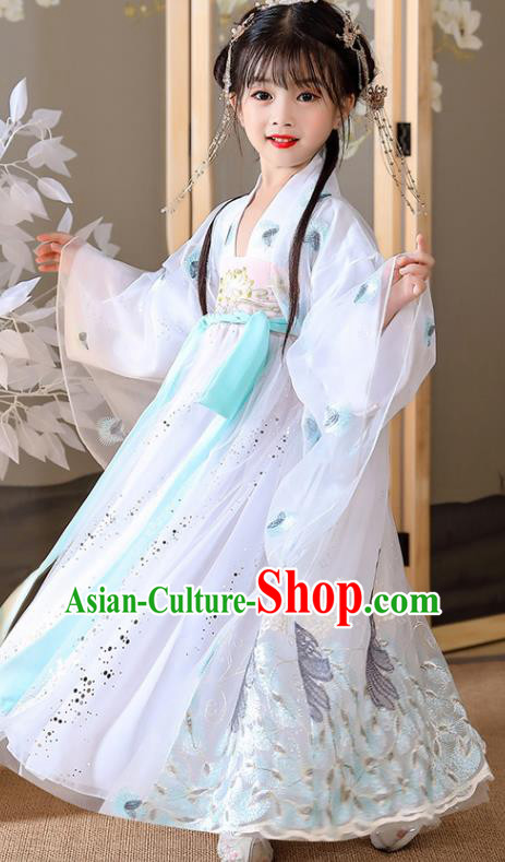 China Children Stage Show Garment Costumes Traditional White Hanfu Dress Tang Dynasty Girl Princess Clothing