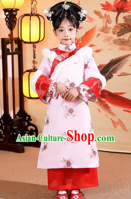 China Traditional Court Kid Pink Qipao Dress Qing Dynasty Girl Princess Clothing Children Stage Show Winter Costumes