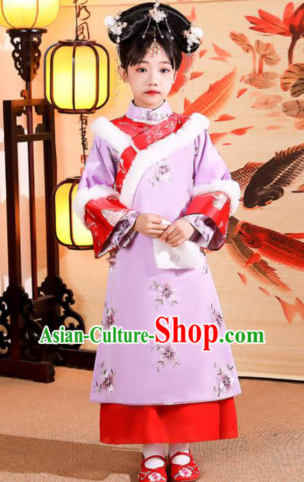 China Children Stage Show Winter Costumes Traditional Court Kid Violet Qipao Dress Qing Dynasty Girl Princess Clothing