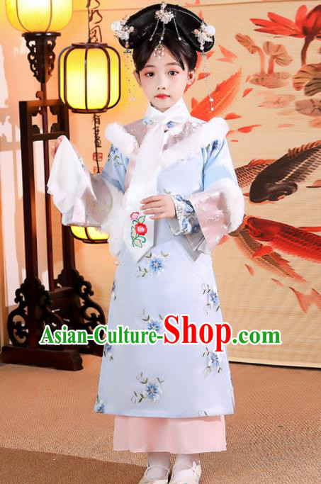 China Qing Dynasty Children Princess Clothing Girl Stage Show Winter Costumes Traditional Court Kid Embroidered Blue Qipao Dress