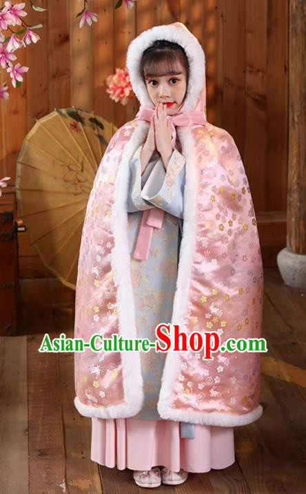 China Girl Stage Show Cloak Costume Traditional Winter Pink Satin Hanfu Cape Ming Dynasty Children Princess Clothing