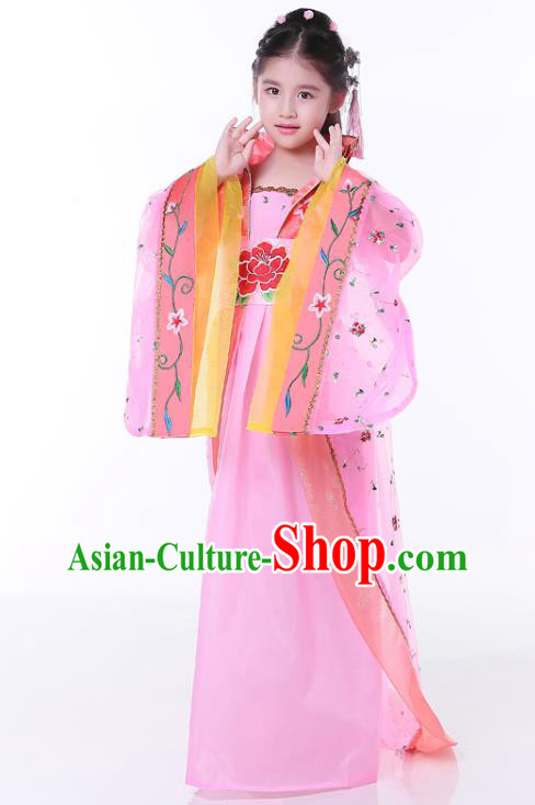 China Ancient Girl Fairy Garment Costume Traditional Children Pink Hanfu Dress Tang Dynasty Imperial Consort Clothing