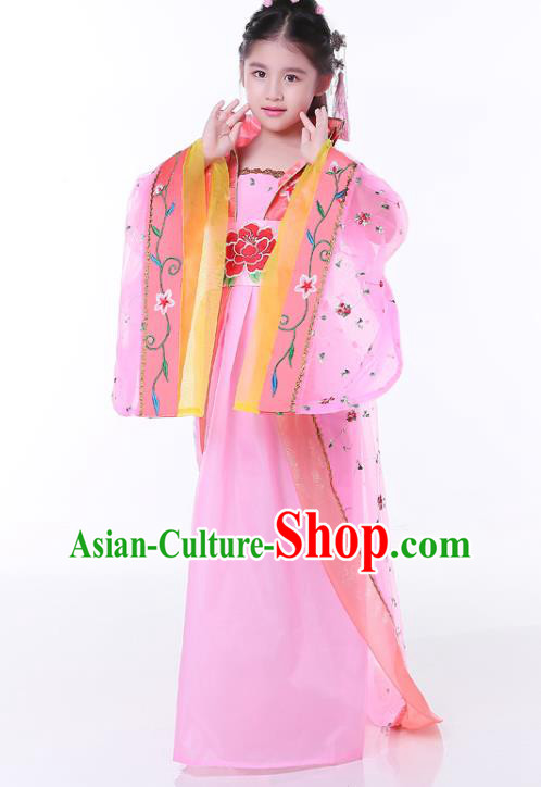 China Ancient Girl Fairy Garment Costume Traditional Children Pink Hanfu Dress Tang Dynasty Imperial Consort Clothing