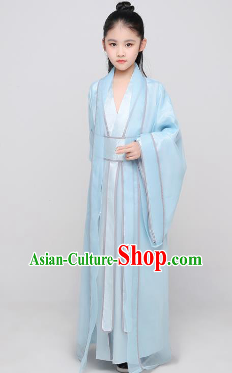 Chinese Tang Dynasty Kid Prince Clothing Traditional Stage Performance Costume Ancient Boys Swordsman Blue Uniforms