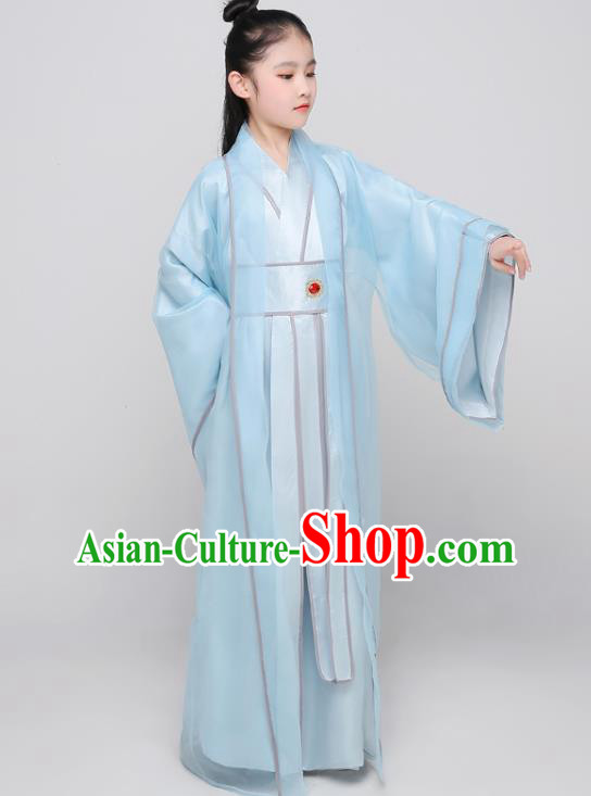 Chinese Tang Dynasty Kid Prince Clothing Traditional Stage Performance Costume Ancient Boys Swordsman Blue Uniforms