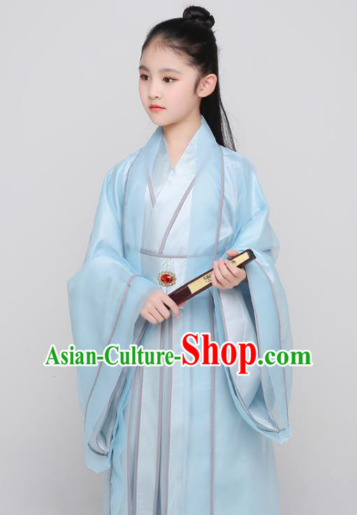 Chinese Tang Dynasty Kid Prince Clothing Traditional Stage Performance Costume Ancient Boys Swordsman Blue Uniforms