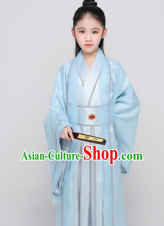 Chinese Tang Dynasty Kid Prince Clothing Traditional Stage Performance Costume Ancient Boys Swordsman Blue Uniforms