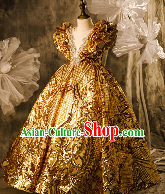 Professional Girl Stage Show Fashion Clothing Baroque Catwalks Golden Trailing Full Dress Children Performance Formal Costume