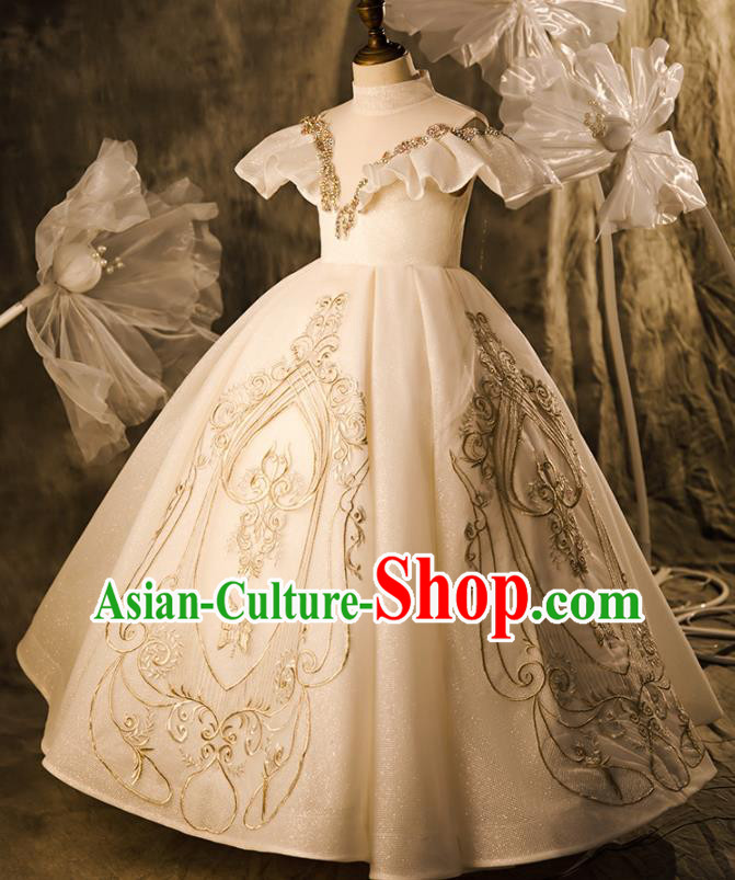 Professional Children Performance Formal Costume Girl Stage Show Fashion Clothing European Catwalks Beige Full Dress