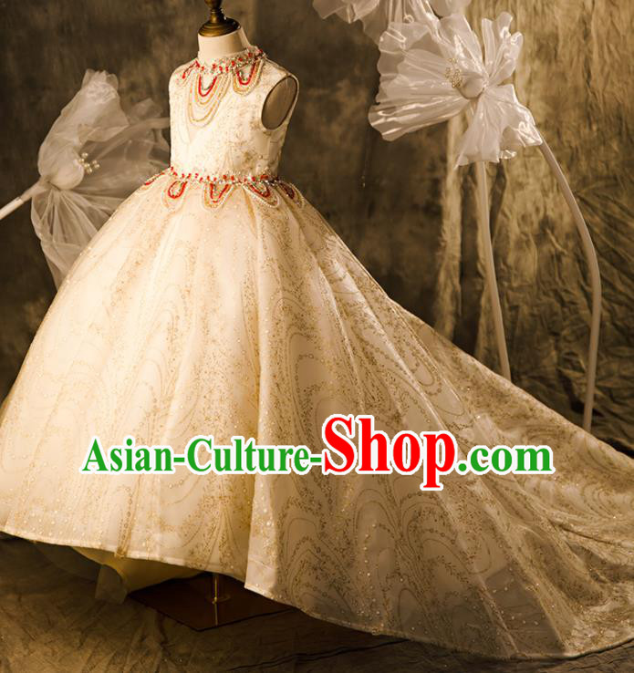 Professional European Catwalks Beige Trailing Full Dress Children Performance Formal Costume Girl Stage Show Fashion Clothing