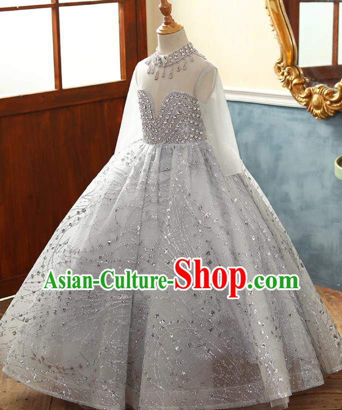 Professional Catwalks Diamante Grey Evening Dress Children Compere Formal Costume Girl Princess Stage Show Fashion Clothing