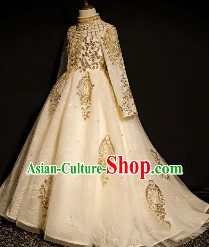 Professional Stage Show Fashion Clothing Catwalks Beige Trailing Evening Dress Children Compere Formal Costume Baroque Girl Princess Garment