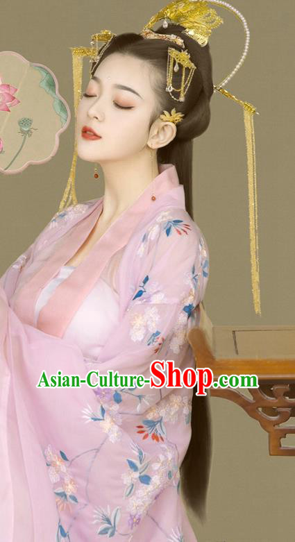 China Ancient Garment Costumes Tang Dynasty Princess Pink Hanfu Dress Traditional Historical Clothing