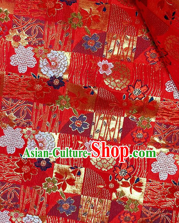 Asian Camellia Pattern Satin Drapery Japanese Traditional Tapestry Fabric Kimono Red Nishijin Brocade