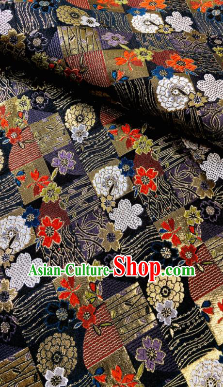 Japanese Traditional Tapestry Fabric Asian Kimono Black Nishijin Brocade Camellia Pattern Satin Drapery