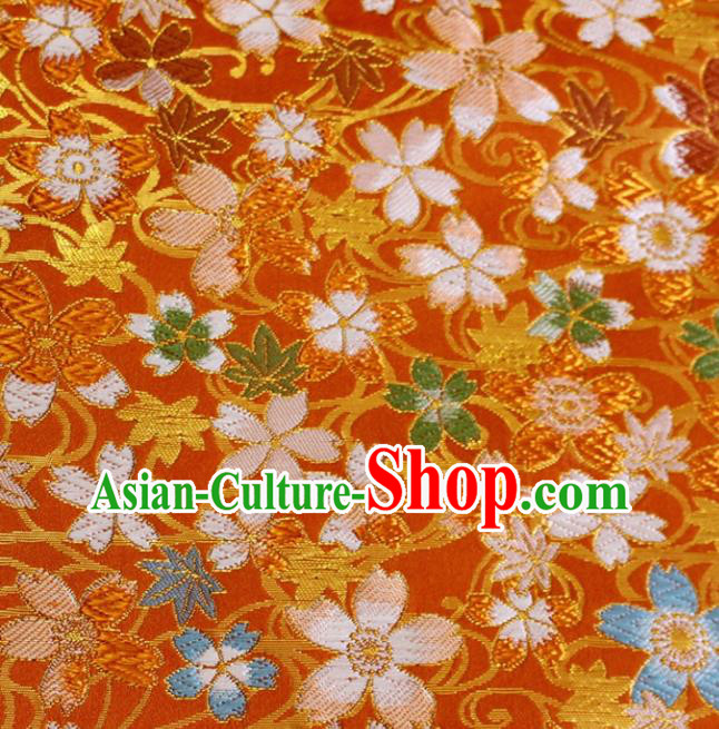 Japanese Nishijin Brocade Traditional Maple Sakura Pattern Orange Satin Drapery Asian Kimono Tapestry Fabric