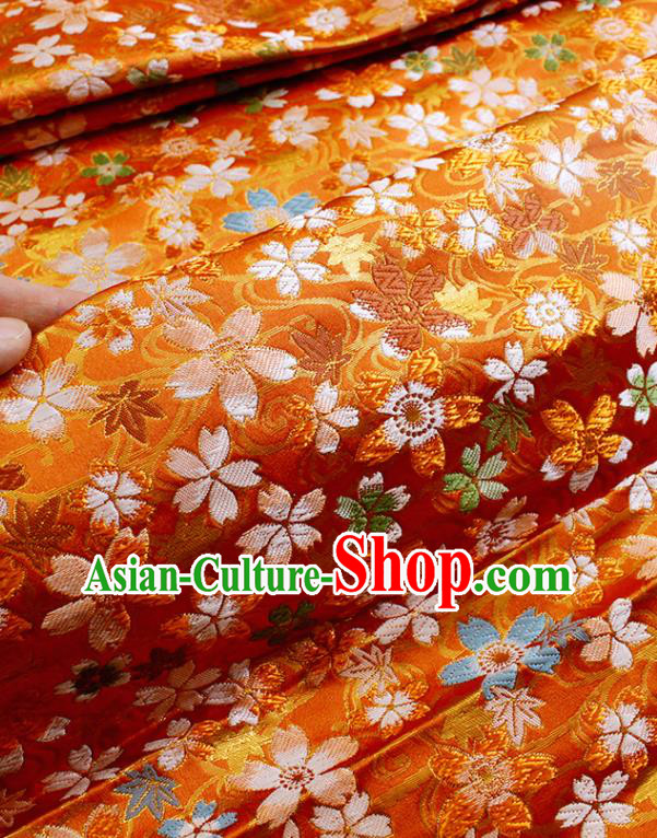 Japanese Nishijin Brocade Traditional Maple Sakura Pattern Orange Satin Drapery Asian Kimono Tapestry Fabric