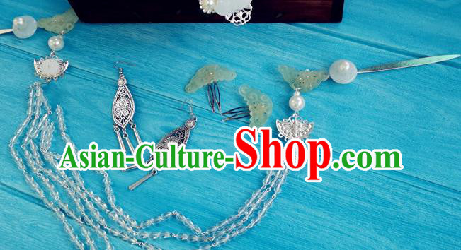 Chinese Qin Dynasty Queen Argent Hair Crown Ancient Empress Jade Hairpins Traditional Hanfu Hair Accessories Complete Set