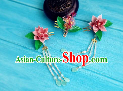 Chinese Song Dynasty Imperial Consort Tassel Hairpins Traditional Hanfu Hair Accessories Ancient Court Woman Pink Lotus Hair Combs