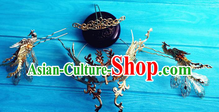 China Drama The flowers fly all over the sky Headpieces Traditional Tang Dynasty Princess Wedding Hairpins Ancient Bride Golden Phoenix Hair Crown