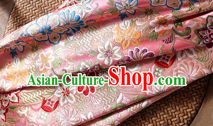 Asian Kimono Drapery Japanese Classical Chrysanthemum Pattern Tapestry Fabric Traditional Brocade Yukata Dress Pink Satin