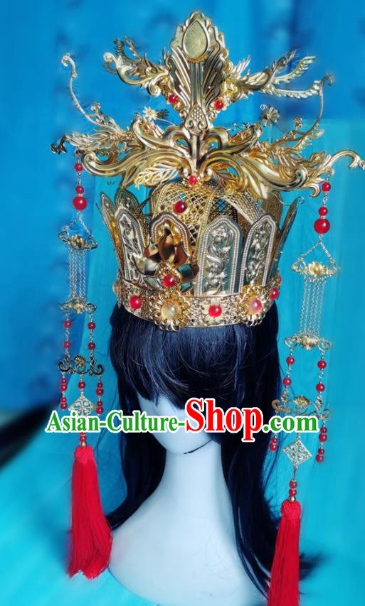 China Traditional Hanfu Tassel Hair Crown Ancient Queen Golden Phoenix Coronet Drama Mojin The Lost Legend Empress Headdress