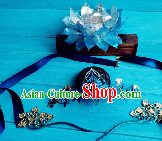 Chinese Tang Dynasty Princess Hairpins Ancient Empress Blue Lotus Hair Crown Traditional Hanfu Hair Accessories Full Set