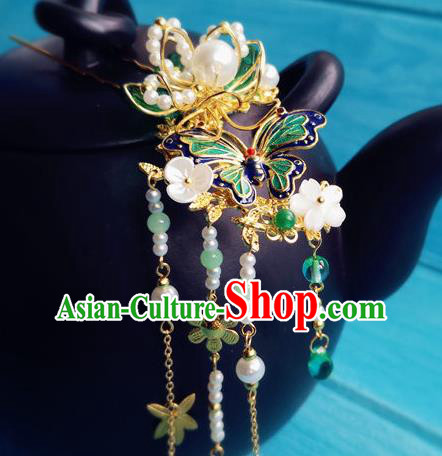 Chinese Ancient Palace Lady Tassel Hairpin Traditional Hanfu Hair Accessories Ming Dynasty Princess Cloisonne Butterfly Hair Clip