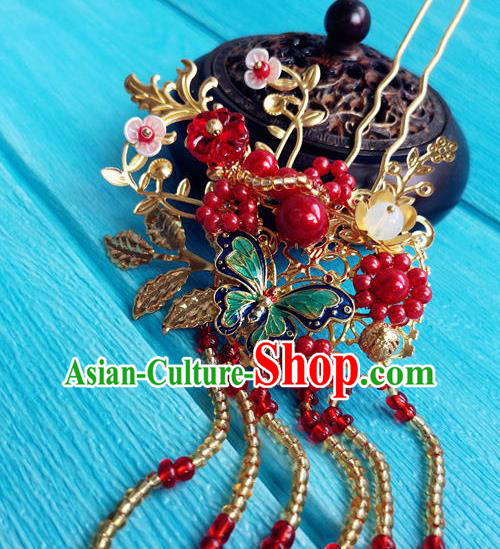 Chinese Ming Dynasty Cloisonne Butterfly Hairpin Traditional Hanfu Hair Accessories Ancient Empress Beads Tassel Hair Stick