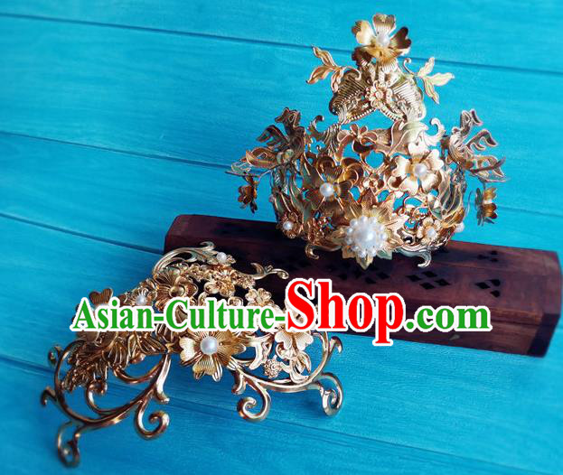 Chinese Jin Dynasty Empress Hairpins Traditional Hanfu Wedding Hair Accessories Ancient Queen Fu Yao Golden Hair Crown