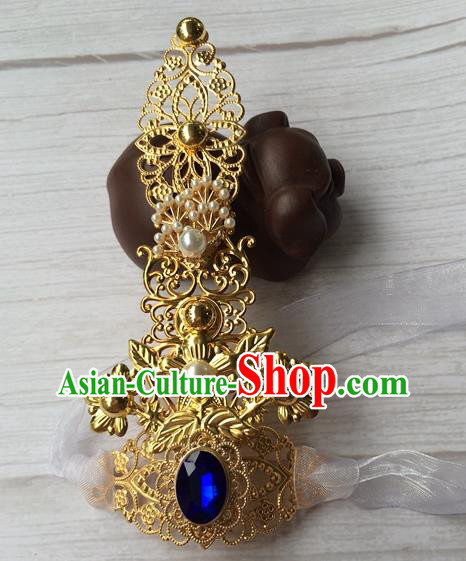 Chinese Traditional Tang Dynasty Prince Pearls Headpiece Ancient Swordsman Golden Hairdo Crown