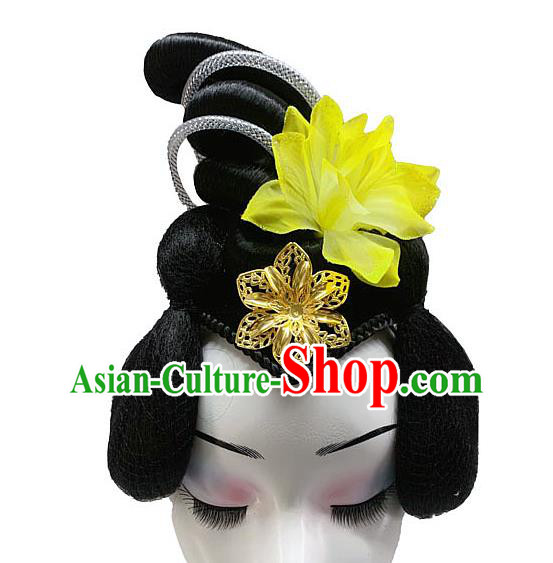 Chinese Stage Performance Wigs Chignon Headdress Classical Dance Hairpieces Traditional Woman Group Dance Yellow Flower Hair Accessories