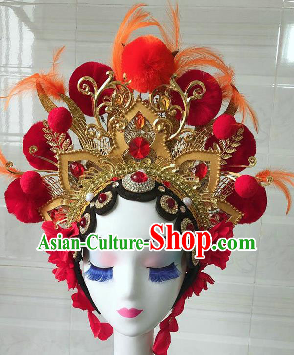 Chinese Peking Opera Blues Helmet Opera Female General Performance Feather Headdress Classical Dance Wigs and Hair Accessories