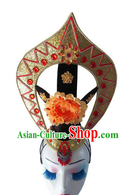 Chinese Traditional Drum Dance Performance Headdress Classical Flying Dance Wigs and Hair Crown Court Dance Headpiece