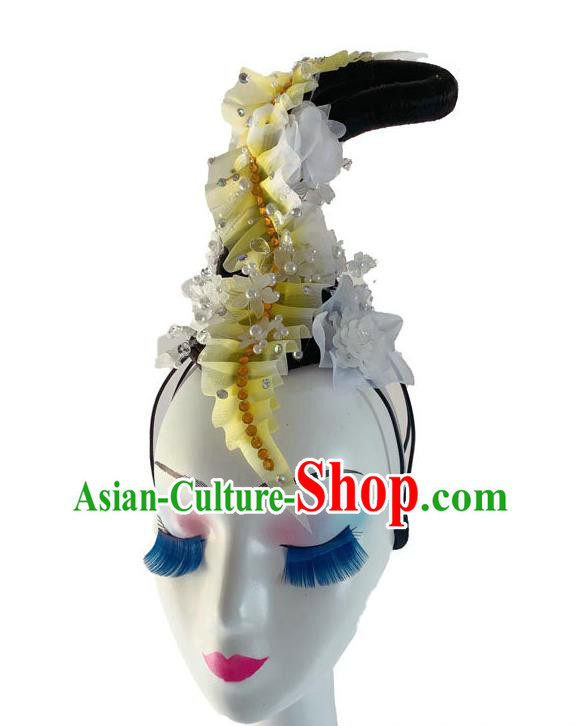 Chinese Court Dance Headpiece Traditional Flying Fairy Dance Yellow Flowers Hair Clasp Classical Dance Wigs Chignon