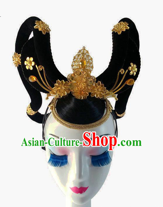 Chinese Traditional Stage Performance Headdress Classical Flying Dance Wigs Moon Goddess Dance Hairpieces