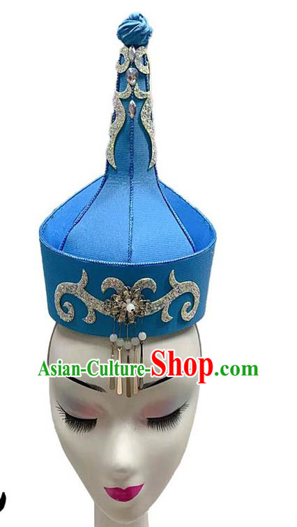 China Mongolian Ethnic Dance Blue Hat Mongol Nationality Dance Headdress Woman Stage Performance Headwear