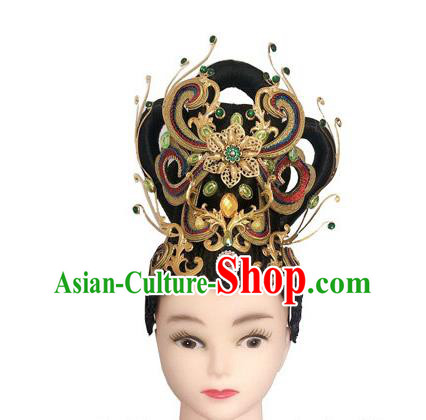 China Dai Nationality Dance Headwear Minority Peacock Dance Wigs Headpieces Yunnan Ethnic Woman Performance Hair Accessories