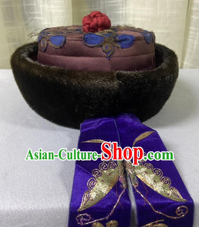 Chinese Ancient Empress Winter Headwear Qing Dynasty Queen Hat Traditional Court Woman Headdress