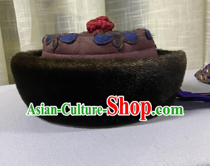 Chinese Ancient Empress Winter Headwear Qing Dynasty Queen Hat Traditional Court Woman Headdress