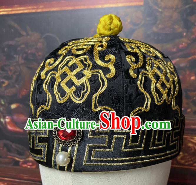 Chinese Qing Dynasty Emperor Black Hat Ancient Manchu Monarch Headdress Traditional King Mandarin Headwear