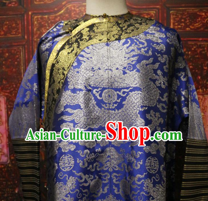 China Traditional Emperor Historical Costume Qing Dynasty Manchu King Dragon Robe Clothing Ancient Monarch Blue Brocade Imperial Robe Garment