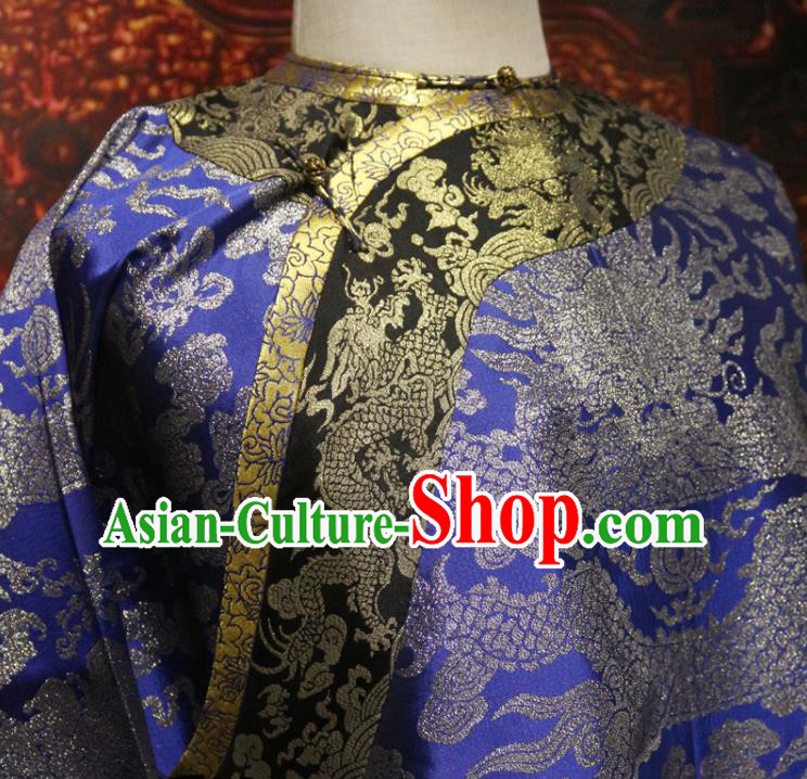 China Traditional Emperor Historical Costume Qing Dynasty Manchu King Dragon Robe Clothing Ancient Monarch Blue Brocade Imperial Robe Garment