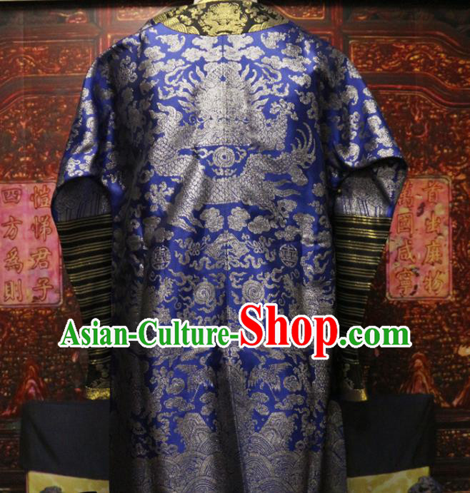 China Traditional Emperor Historical Costume Qing Dynasty Manchu King Dragon Robe Clothing Ancient Monarch Blue Brocade Imperial Robe Garment