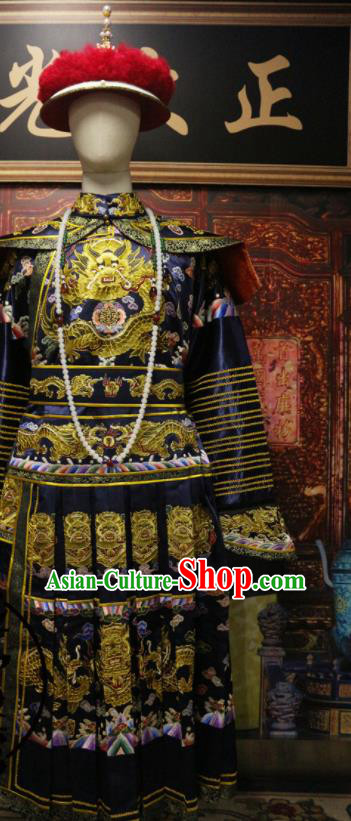 China Traditional Emperor Imperial Robe Qing Dynasty Manchu King Historical Garment Costume Ancient Monarch Embroidered Navy Dragon Robe