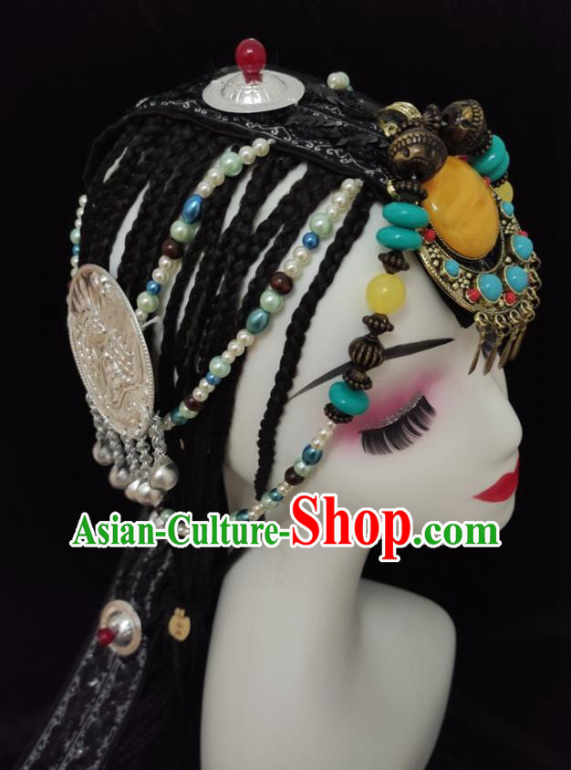 China Zang Nationality Folk Dance Hair Accessories Minority Dance Braids Hairpieces Tibetan Ethnic Performance Headdress