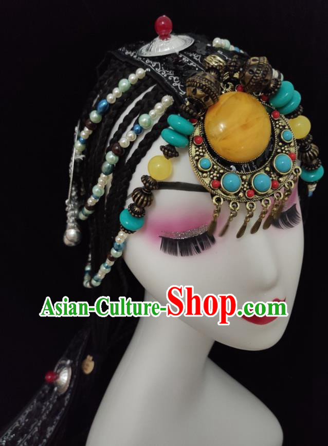 China Zang Nationality Folk Dance Hair Accessories Minority Dance Braids Hairpieces Tibetan Ethnic Performance Headdress