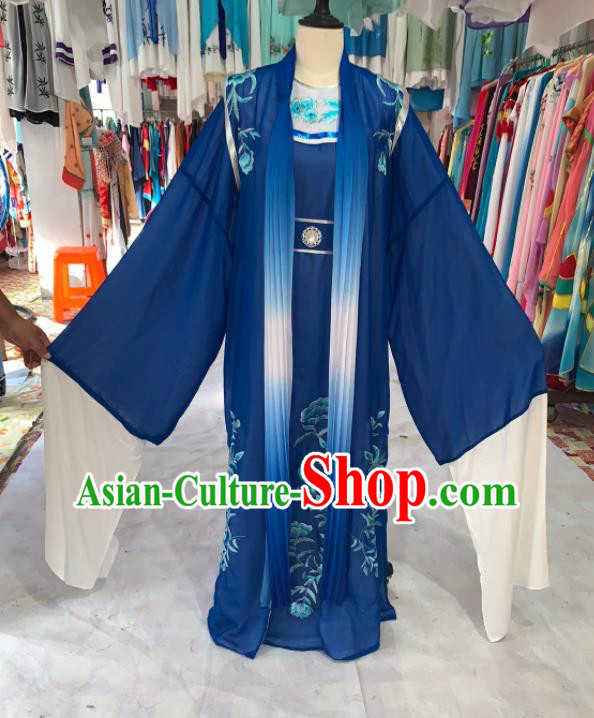 China Shaoxing Opera Young Male Garment Costumes Beijing Opera Xiaosheng Deep Blue Robe Uniforms Traditional Opera Scholar Clothing