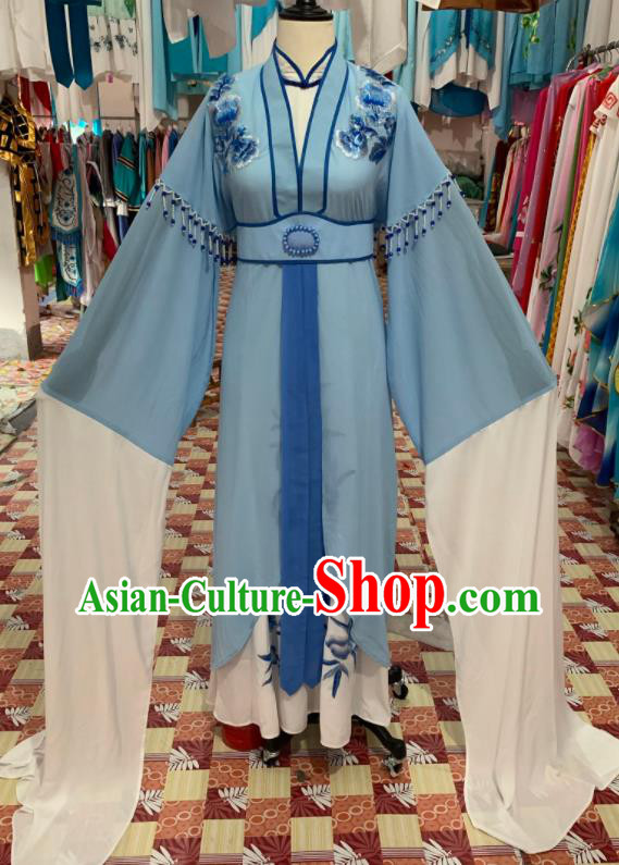 China Ancient Young Lady Garment Costume Shaoxing Opera Actress Blue Dress Outfits Traditional Peking Opera Diva Clothing