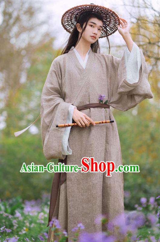 China Ancient Young Childe Garment Costume Traditional Hanfu Long Gown Song Dynasty Scholar Clothing